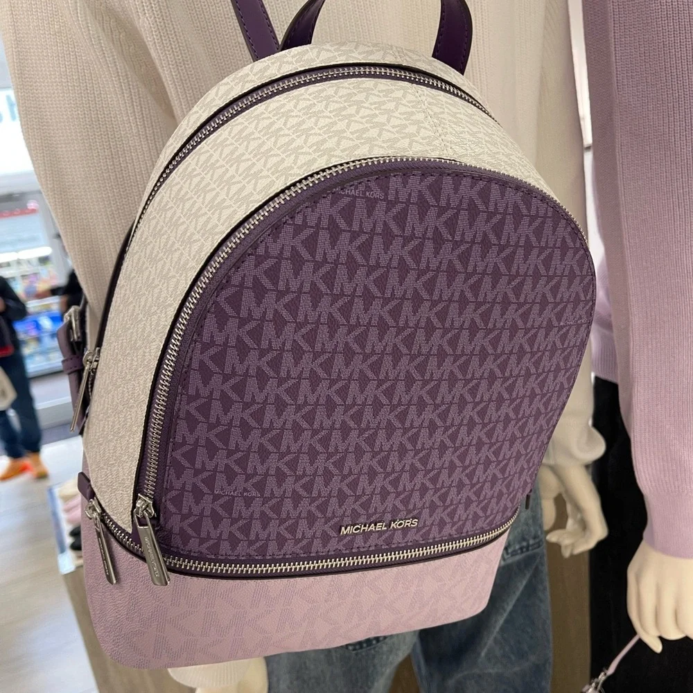 MICHAEL KORS Rhea Md Zip Color-Block Signature Logo Backpack Dark Purple MLT NWT